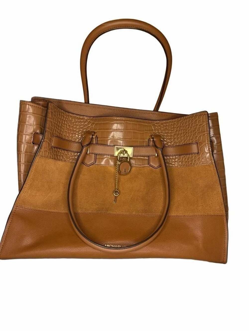 Michael Kors Hamilton Legacy Large Belted Moc-Croc Satchel Bag Peanut